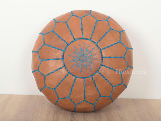 Moroccan Leather Pouf with Turquoise Stitches, Ottoman Pouf
