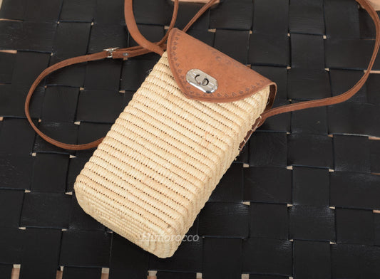 Woven Straw Bag with Leather Strap - Straw Crossbody Bag