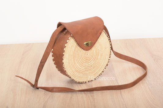 Round Woven Raffia Bag with Leather - Boho Crossbody Bag with Adjustable Strape