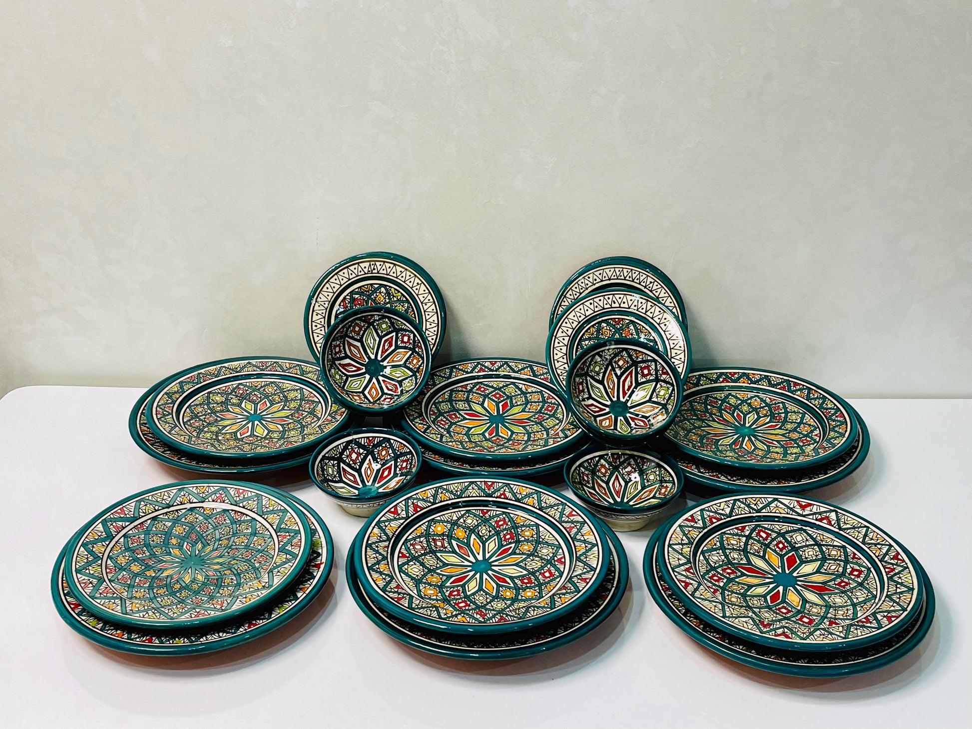 Authentic Moroccan Hand Painted Ceramic Dinnerware Set, Green Handmade Serving Set, Tableware Collection, Dinnerware Set