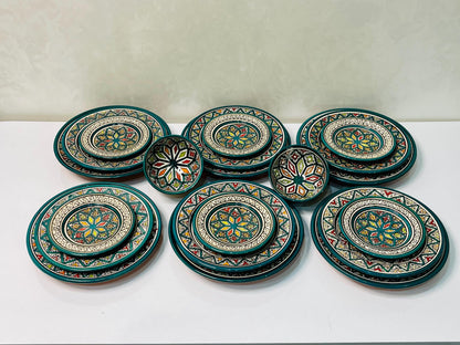 Authentic Moroccan Hand Painted Ceramic Dinnerware Set, Green Handmade Serving Set, Tableware Collection, Dinnerware Set