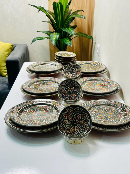 Authentic Moroccan Hand Painted Ceramic Dinnerware Set, Grey Handmade Serving Set, Tableware Collection, Dinnerware Set