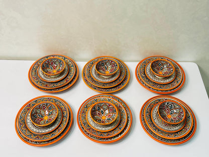 Authentic Moroccan Hand Painted Ceramic Dinnerware Set, Orange Handmade Serving Set, Tableware Collection, Dinnerware Set
