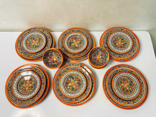 Authentic Moroccan Hand Painted Ceramic Dinnerware Set, Orange Handmade Serving Set, Tableware Collection, Dinnerware Set