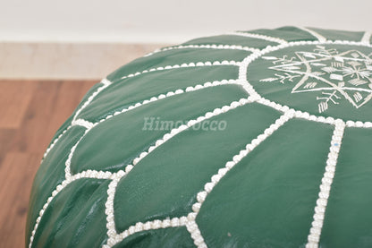 Green Leather Pouf with White Stitching , Green Moroccan Pouf, Luxury Ottomans Footstools, Leather Pouf, Handmade Poof