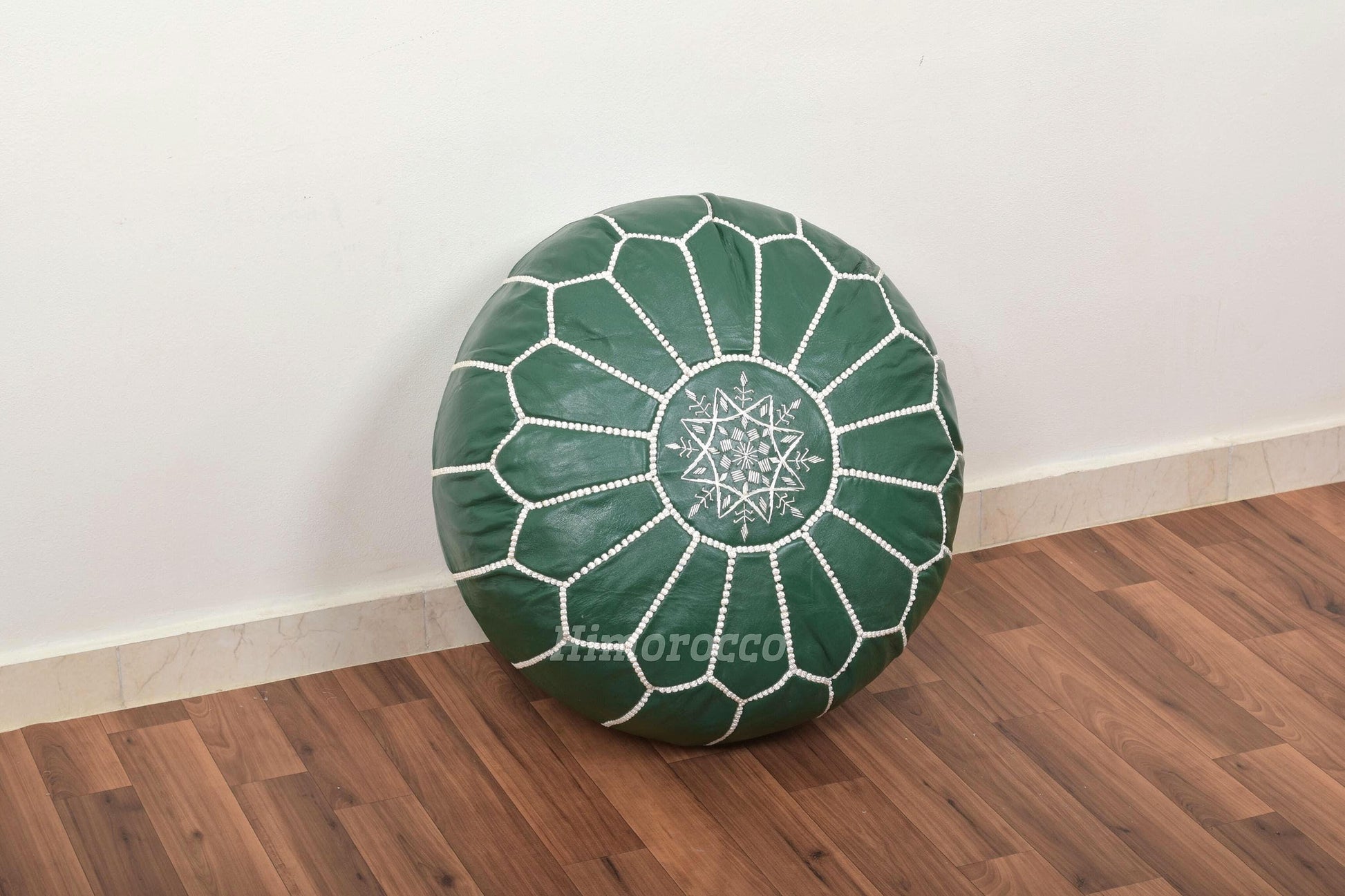 Green Leather Pouf with White Stitching , Green Moroccan Pouf, Luxury Ottomans Footstools, Leather Pouf, Handmade Poof