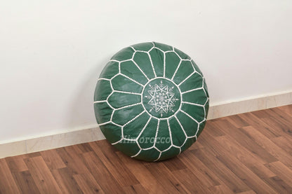 Green Leather Pouf with White Stitching , Green Moroccan Pouf, Luxury Ottomans Footstools, Leather Pouf, Handmade Poof