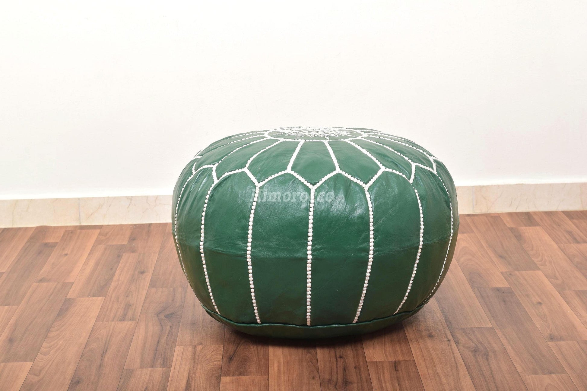 Green Leather Pouf with White Stitching , Green Moroccan Pouf, Luxury Ottomans Footstools, Leather Pouf, Handmade Poof
