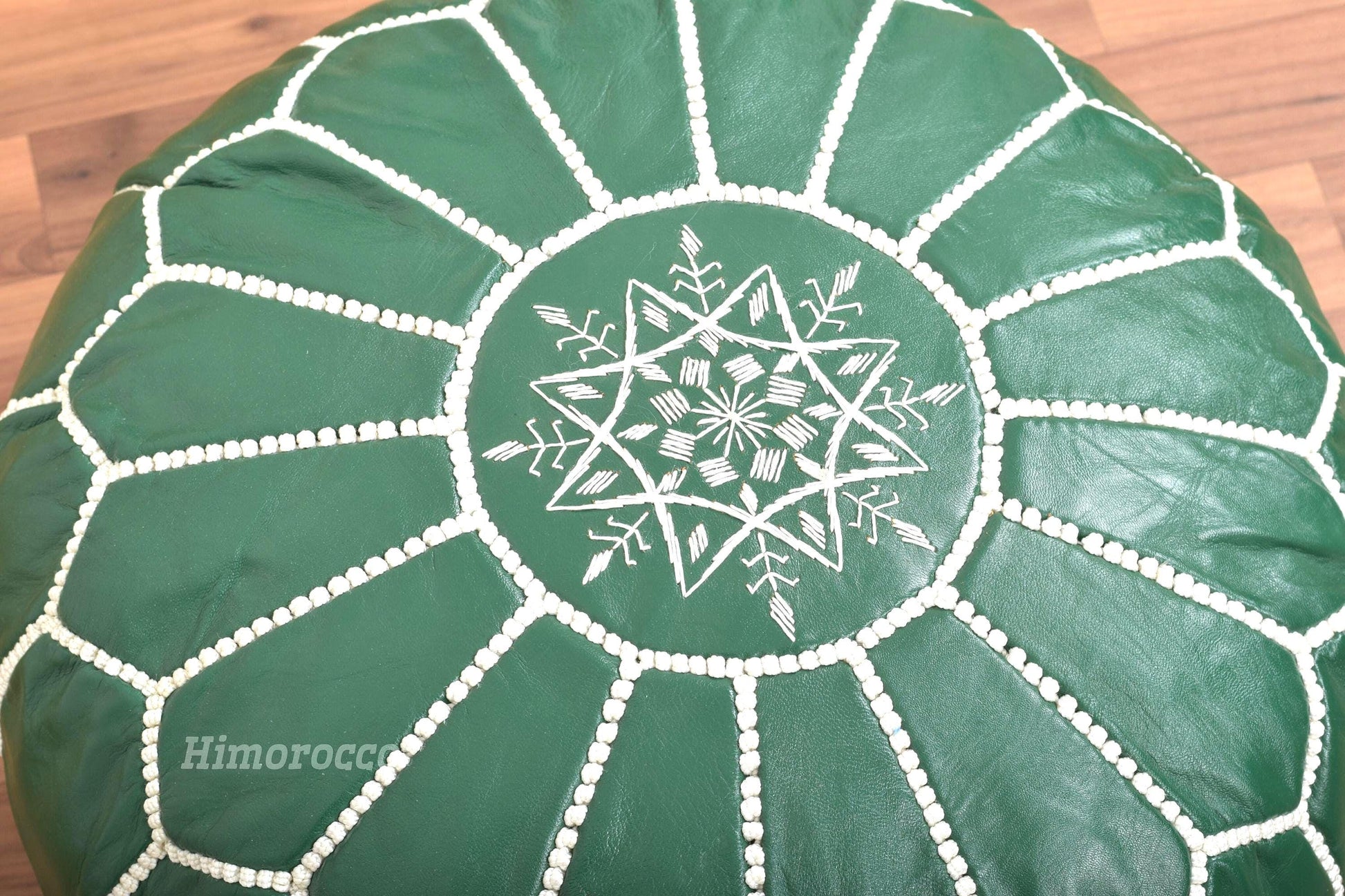 Green Leather Pouf with White Stitching , Green Moroccan Pouf, Luxury Ottomans Footstools, Leather Pouf, Handmade Poof