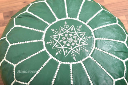 Green Leather Pouf with White Stitching , Green Moroccan Pouf, Luxury Ottomans Footstools, Leather Pouf, Handmade Poof