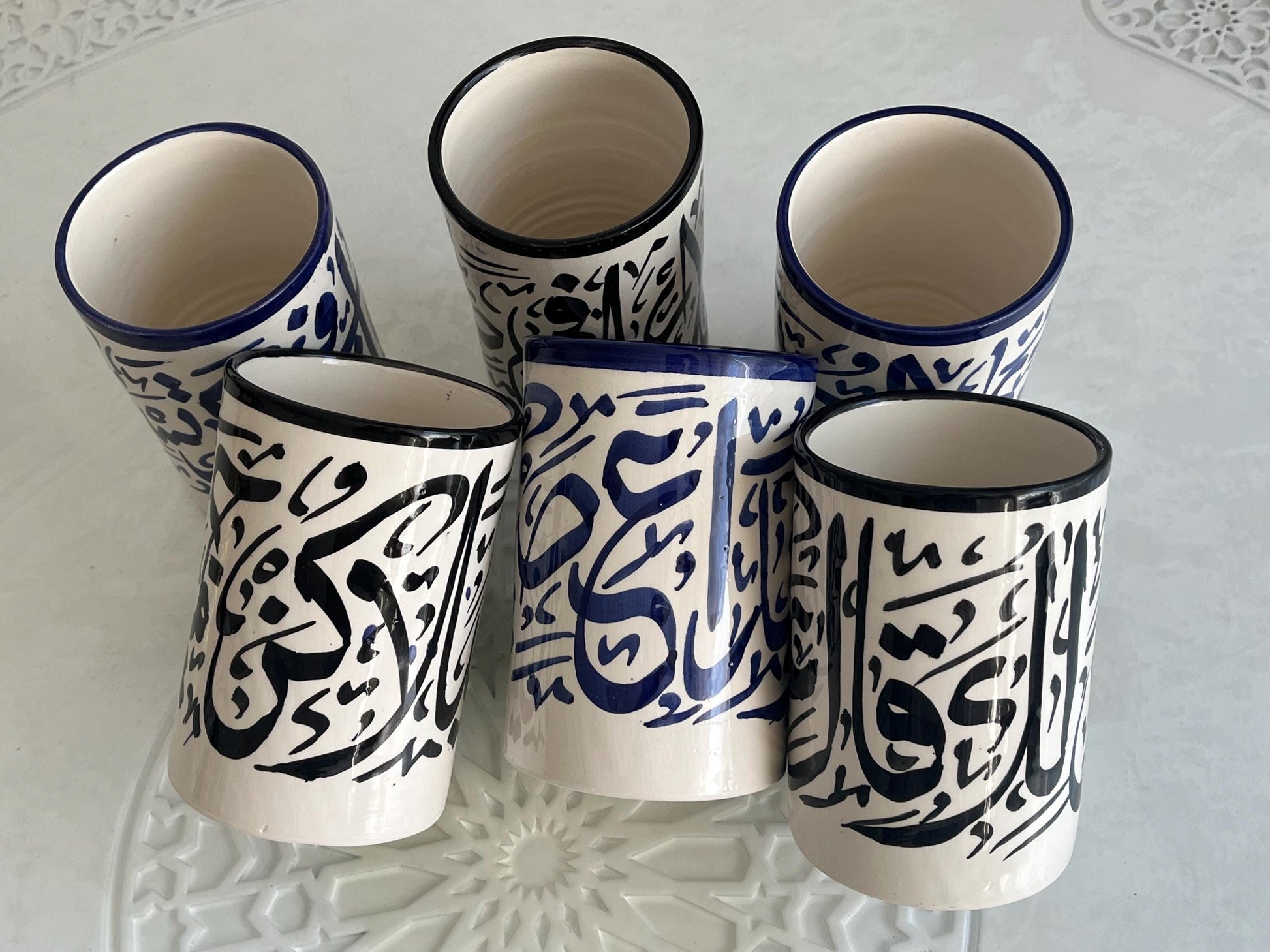 Mugs with Arabic Writing, Calligraphy Colorful Cups, Beldi Moroccan Cups (Black/Blue)