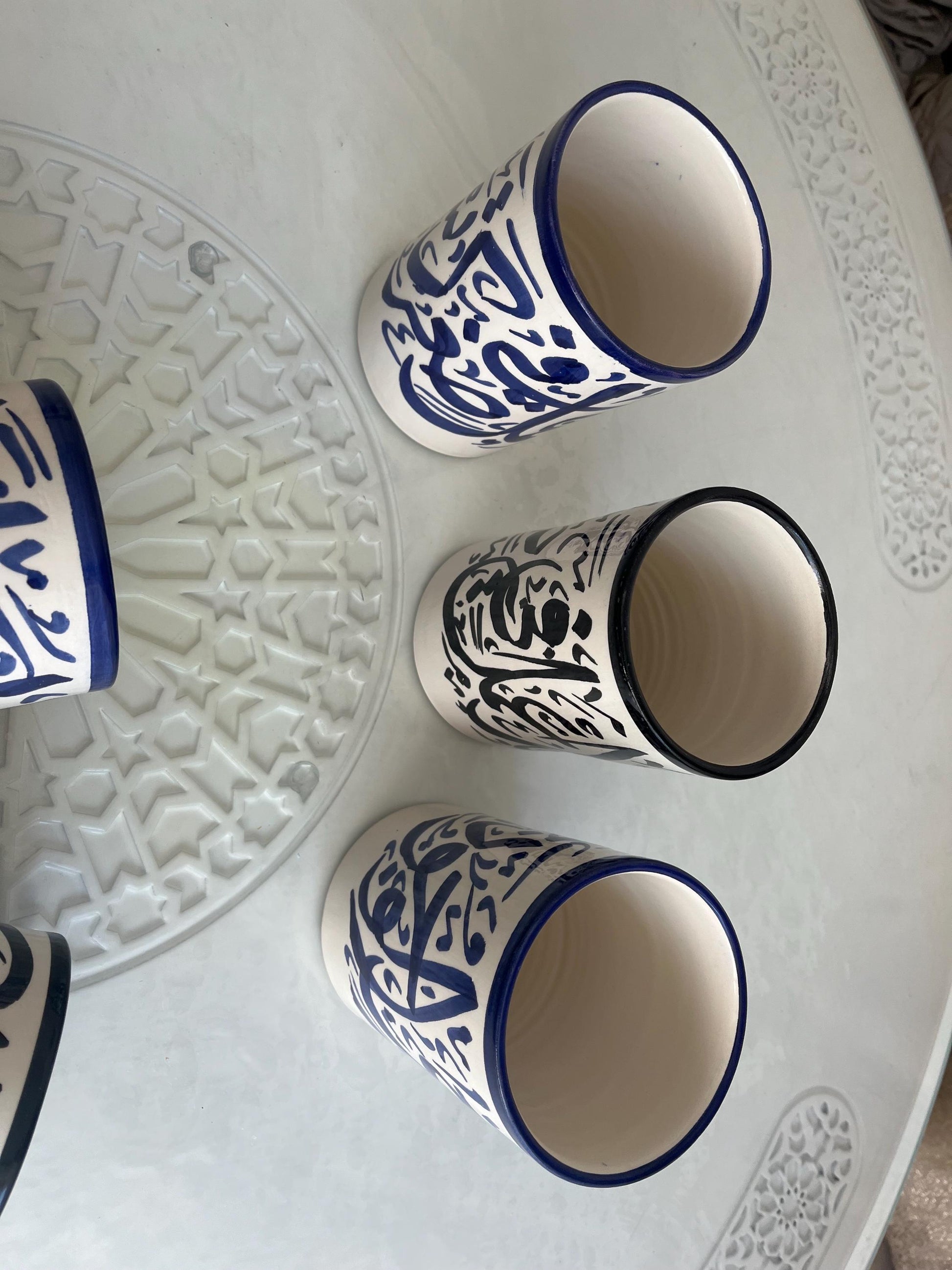 Mugs with Arabic Writing, Calligraphy Colorful Cups, Beldi Moroccan Cups (Black/Blue)