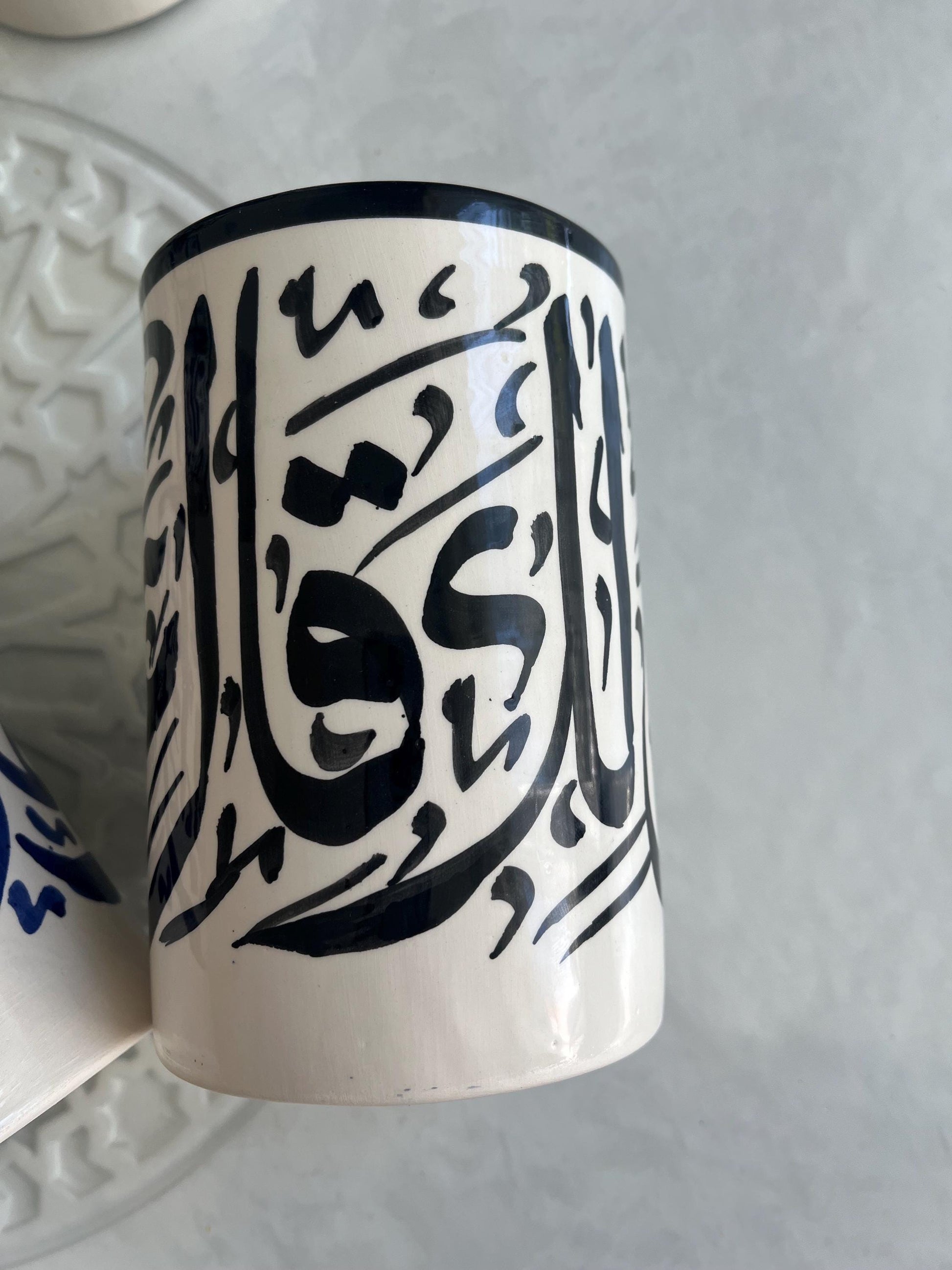 Mugs with Arabic Writing, Calligraphy Colorful Cups, Beldi Moroccan Cups (Black/Blue)