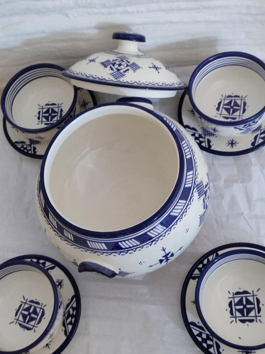 Handmade Moroccan Tureen Set, Soupiere, Ceramic Soup Pot, Moroccan Soup, Ramadan Harira Soup, 10-Piece Vintage Moroccan Dinnerware