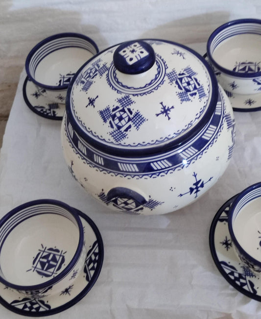 Handmade Moroccan Tureen Set, Soupiere, Ceramic Soup Pot, Moroccan Soup, Ramadan Harira Soup, 10-Piece Vintage Moroccan Dinnerware