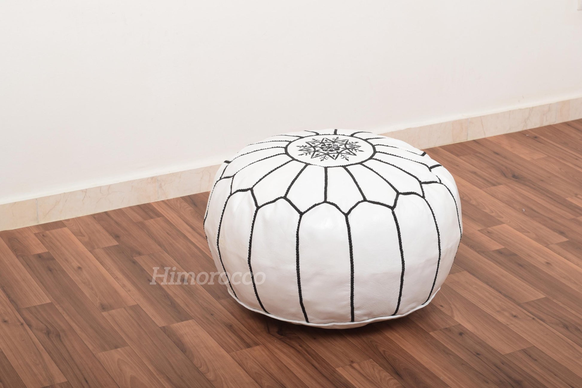 White Moroccan Leather Pouf with Multi Stitches, Ottoman Pouf