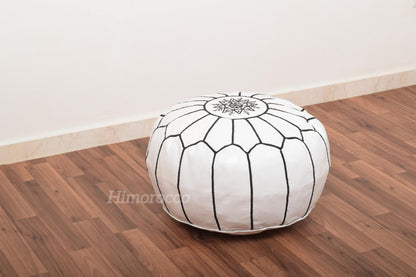 White Moroccan Leather Pouf with Multi Stitches, Ottoman Pouf