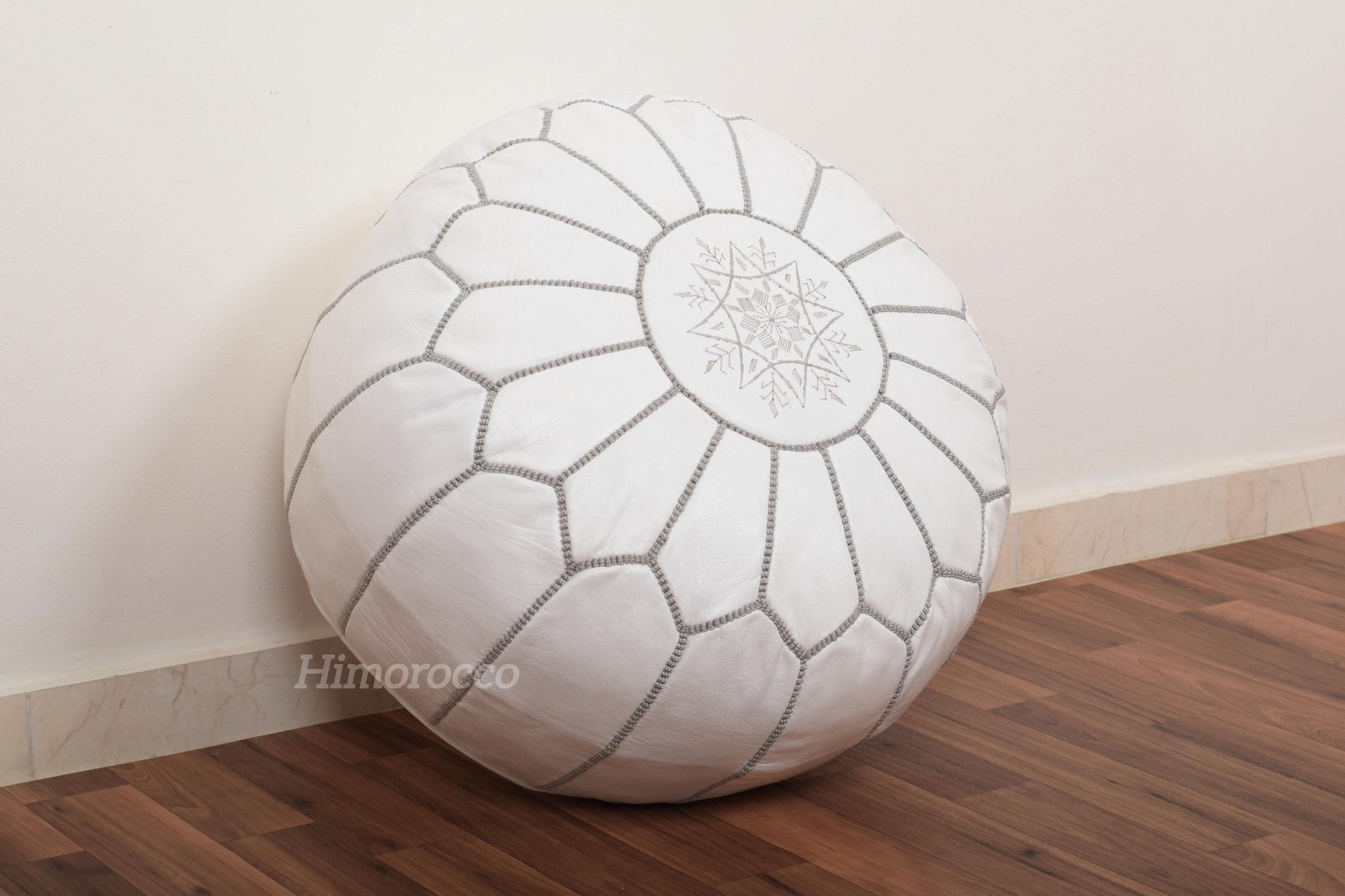 White Moroccan Leather Pouf with Multi Stitches, Ottoman Pouf