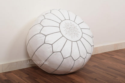 White Moroccan Leather Pouf with Multi Stitches, Ottoman Pouf