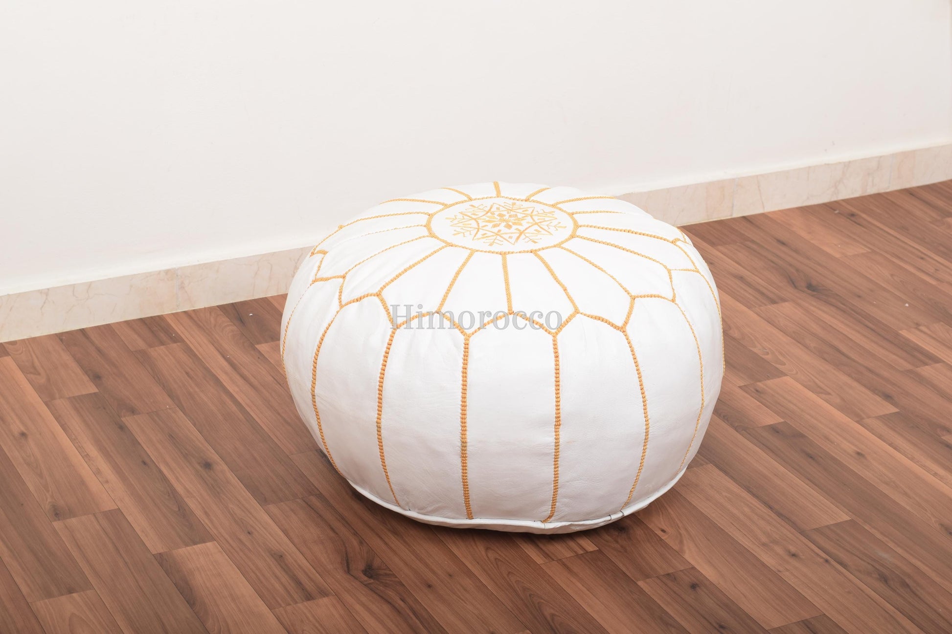 White Moroccan Leather Pouf with Multi Stitches, Ottoman Pouf