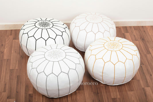White Moroccan Leather Pouf with Multi Stitches, Ottoman Pouf