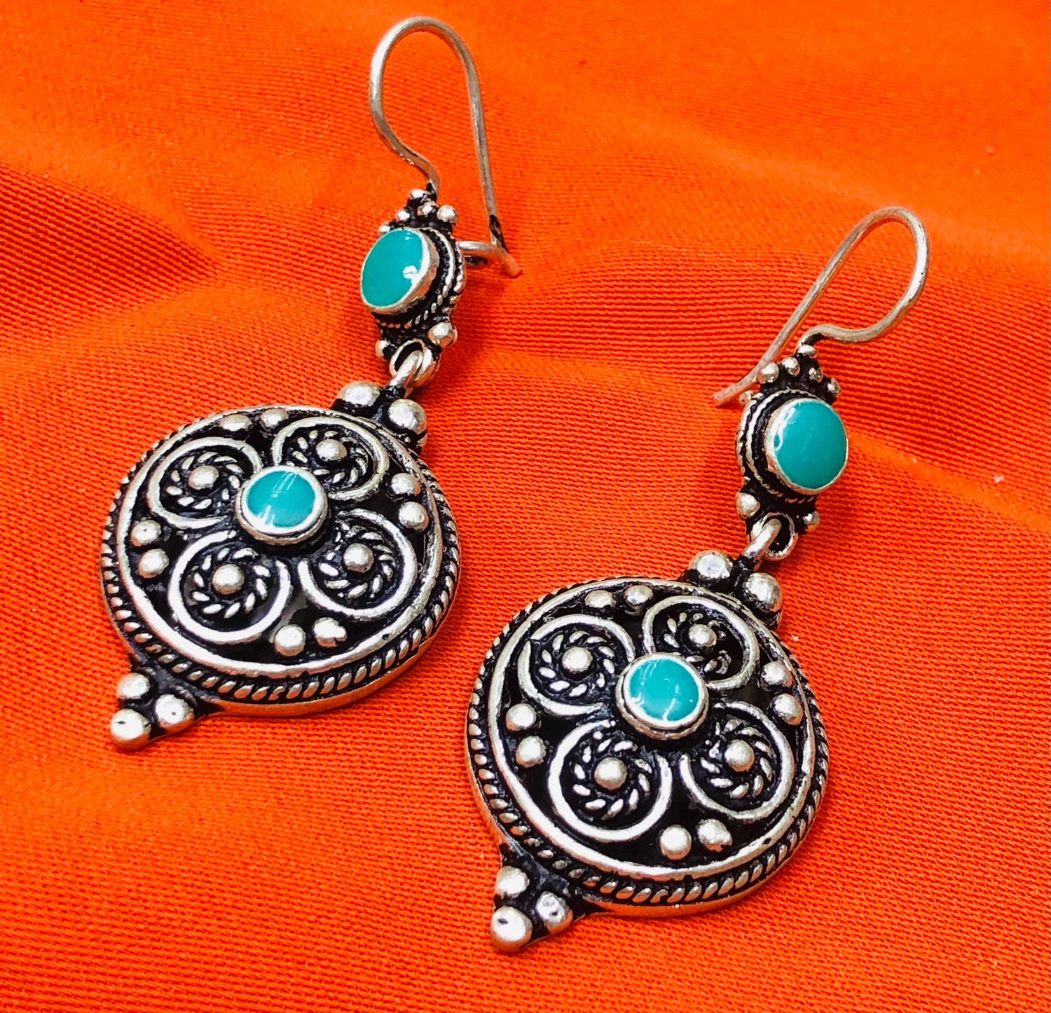 Handmade Berber Silver Earrings, Turquoise Stone, Authentic Traditional Design