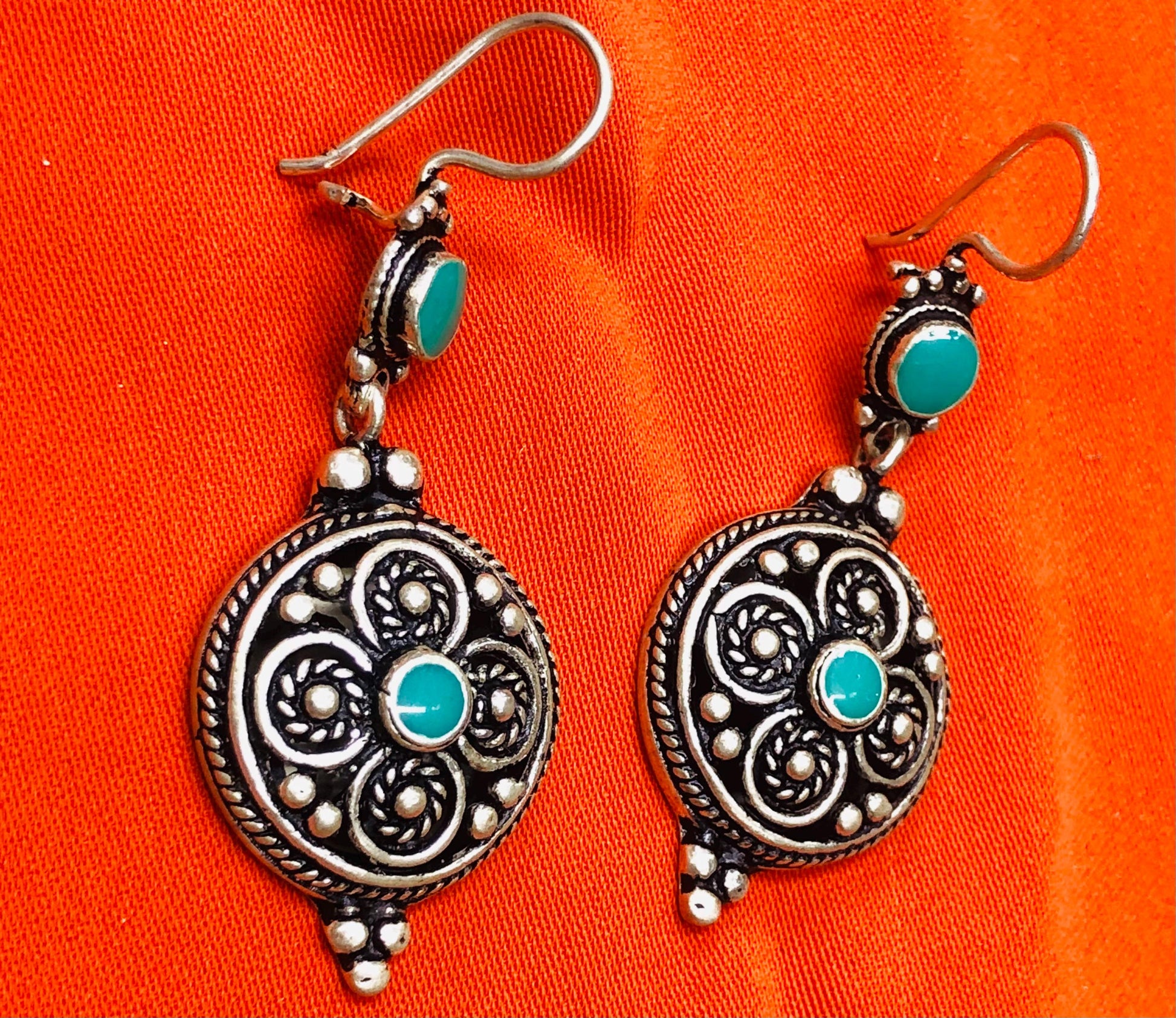 Handmade Berber Silver Earrings, Turquoise Stone, Authentic Traditional Design