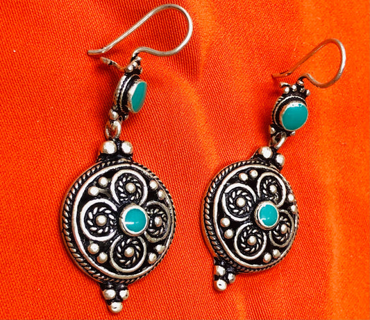 Handmade Berber Silver Earrings, Turquoise Stone, Authentic Traditional Design
