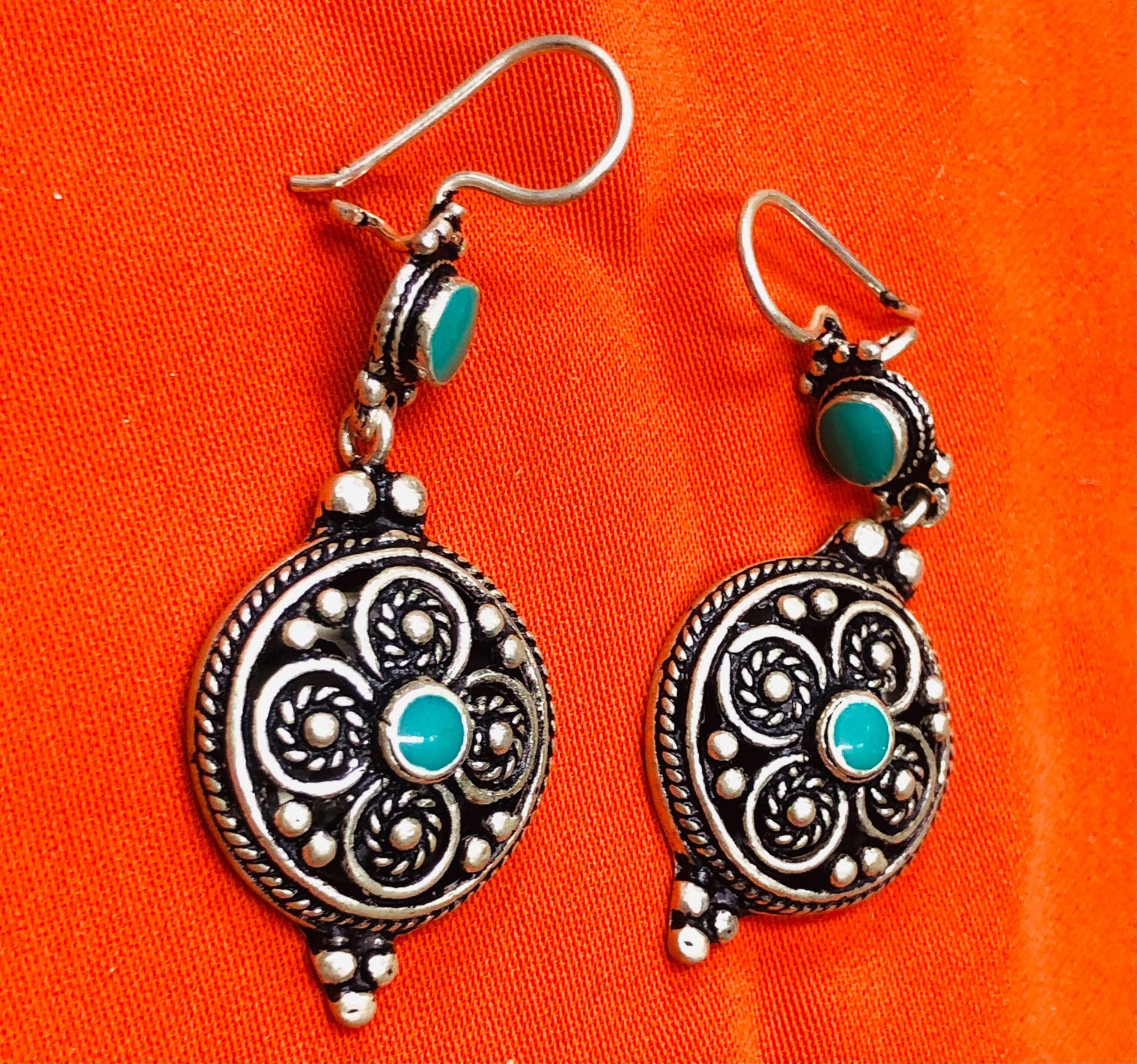 Handmade Berber Silver Earrings, Turquoise Stone, Authentic Traditional Design