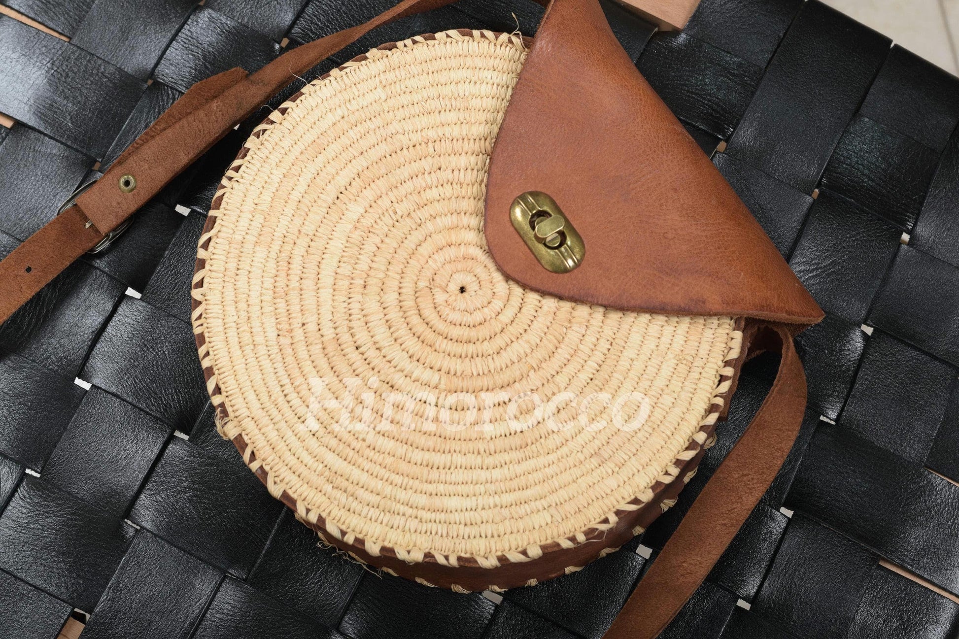 Round Woven Raffia Bag with Leather - Boho Crossbody Bag with Adjustable Strape
