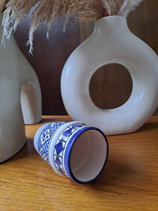 Handmade Moroccan Cup 9Cm/3.5In | Ceramic Tea & Coffee Cup | Small Berber Pottery Mug | White Blue Espresso Cup | Boho Kitchen Decor Gift