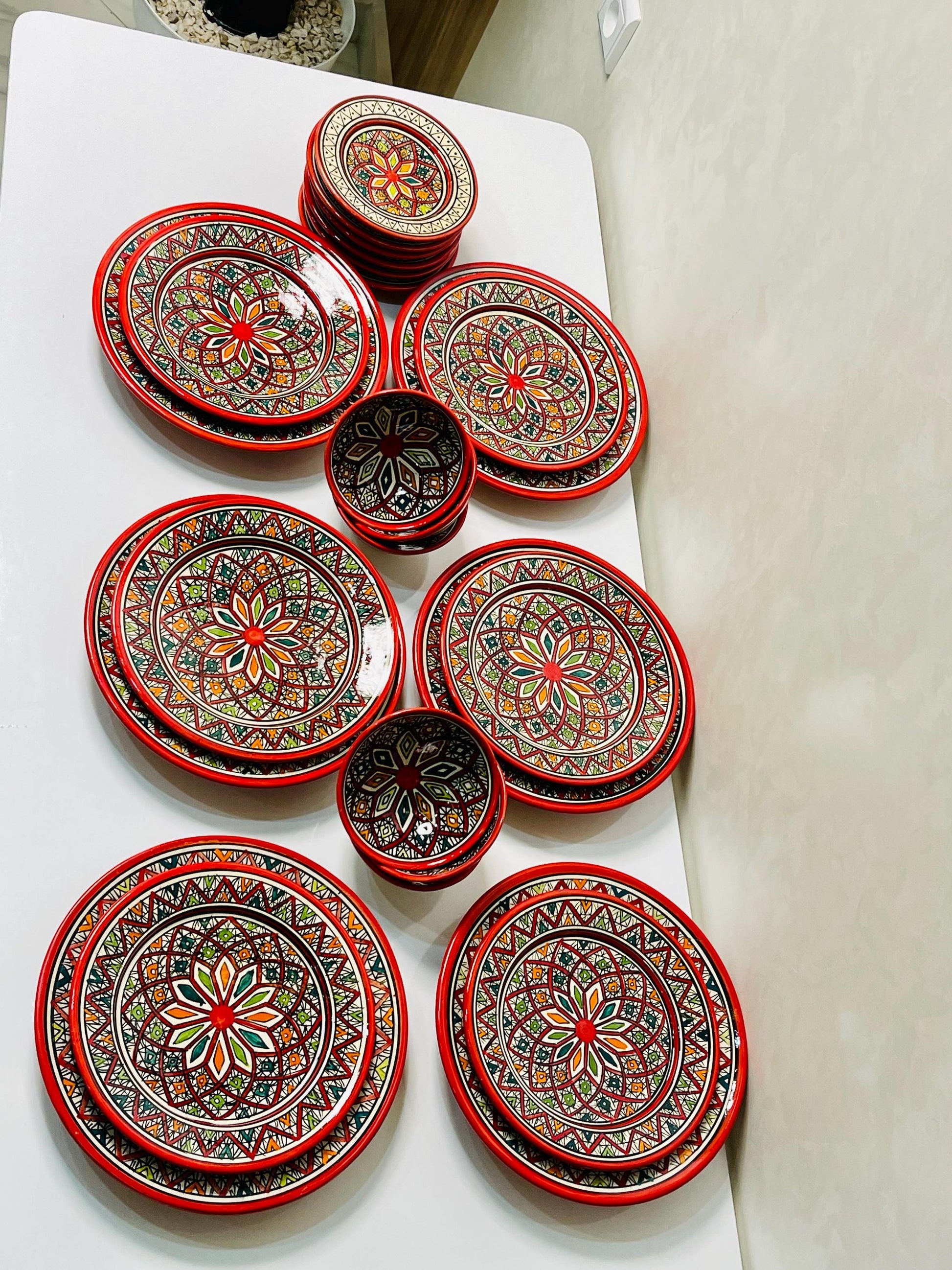Authentic Moroccan Hand Painted Ceramic Dinnerware Set, Red Handmade Serving Set, Tableware Collection, Dinnerware Set