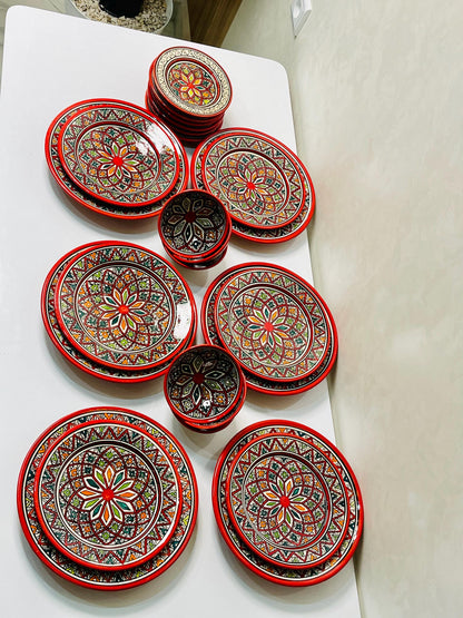 Authentic Moroccan Hand Painted Ceramic Dinnerware Set, Red Handmade Serving Set, Tableware Collection, Dinnerware Set