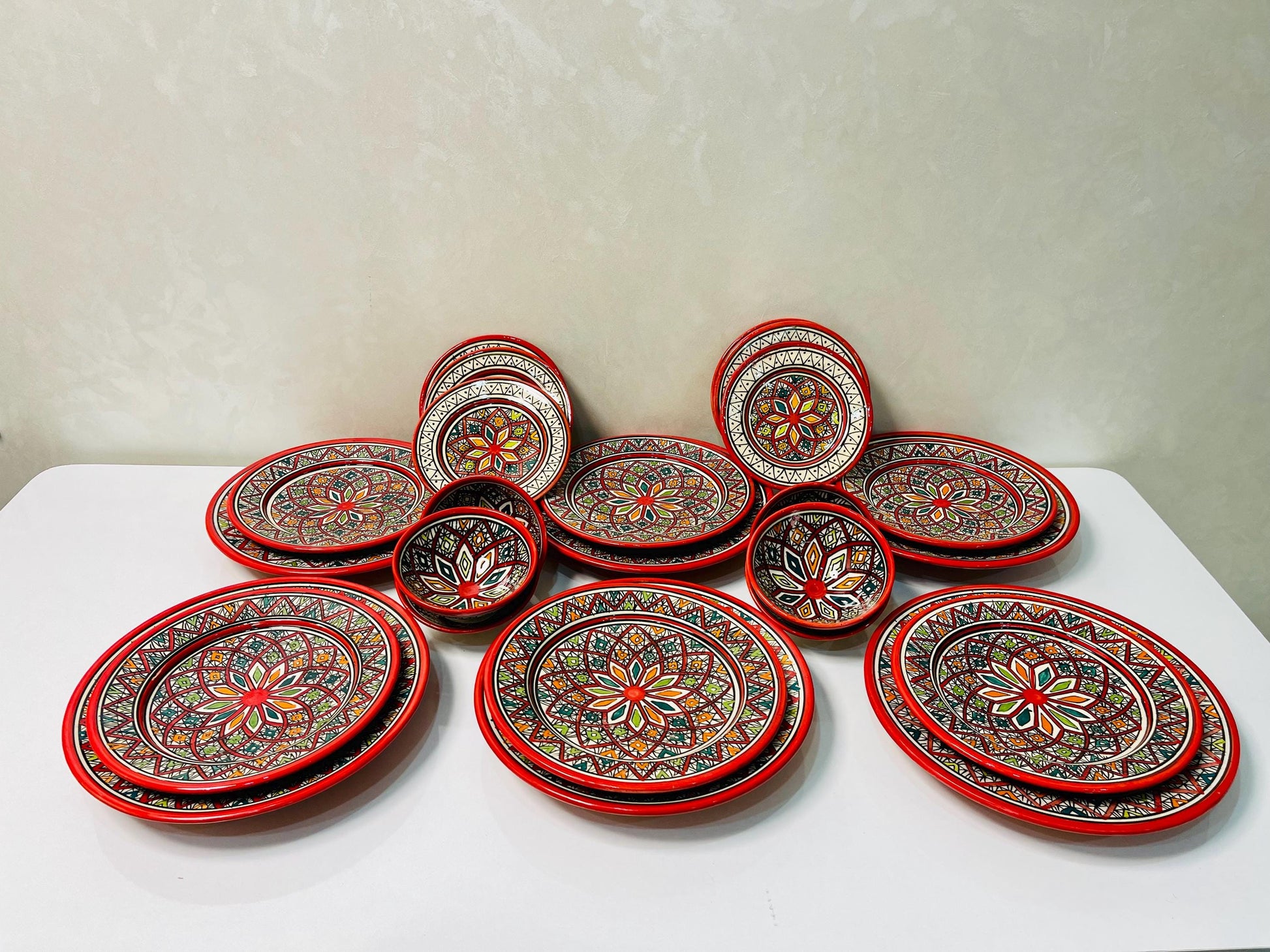 Authentic Moroccan Hand Painted Ceramic Dinnerware Set, Red Handmade Serving Set, Tableware Collection, Dinnerware Set