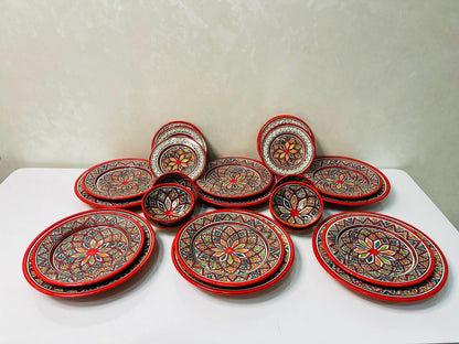 Authentic Moroccan Hand Painted Ceramic Dinnerware Set, Red Handmade Serving Set, Tableware Collection, Dinnerware Set