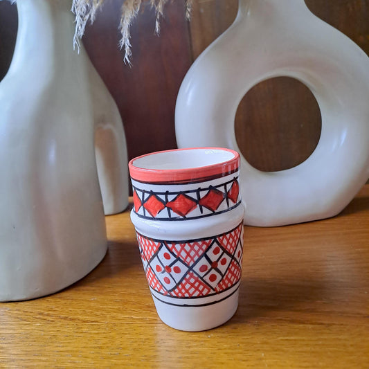 Handmade Moroccan Cup 9Cm/3.5In | Ceramic Tea & Coffee Cup | Small Berber Pottery Mug | Red and Black Espresso Cup | Boho Kitchen Decor Gift