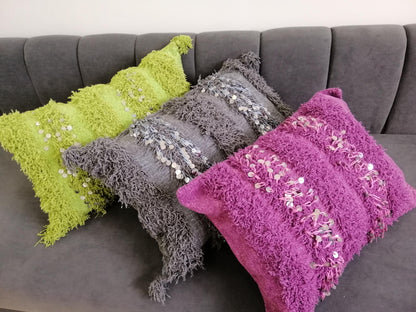 Shinny Shaggy Pink Pillows Wedding Handmade Cushion Cover Berber Handira Pillows Moroccan Sofa Pink Sequins Pillow
