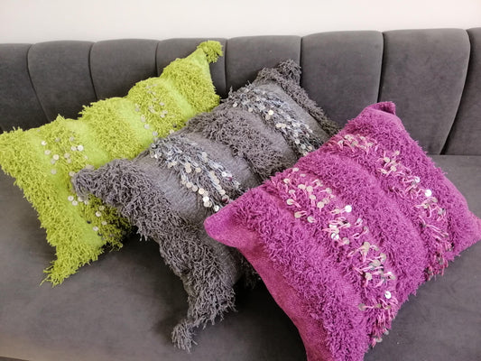 Shinny Shaggy Pink Pillows Wedding Handmade Cushion Cover Berber Handira Pillows Moroccan Sofa Pink Sequins Pillow