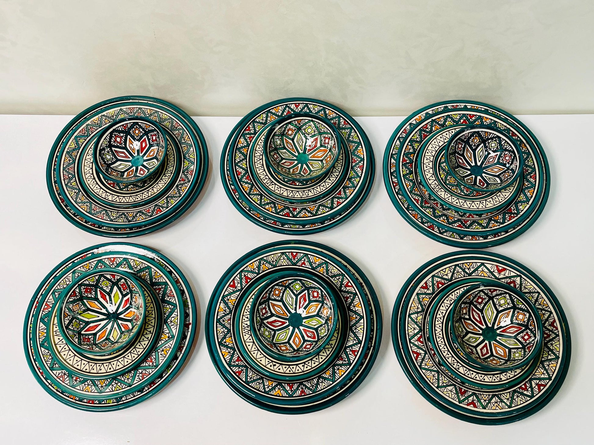Authentic Moroccan Hand Painted Ceramic Dinnerware Set, Green Handmade Serving Set, Tableware Collection, Dinnerware Set