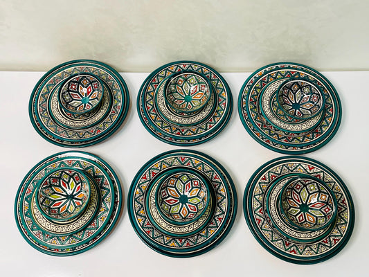 Authentic Moroccan Hand Painted Ceramic Dinnerware Set, Green Handmade Serving Set, Tableware Collection, Dinnerware Set