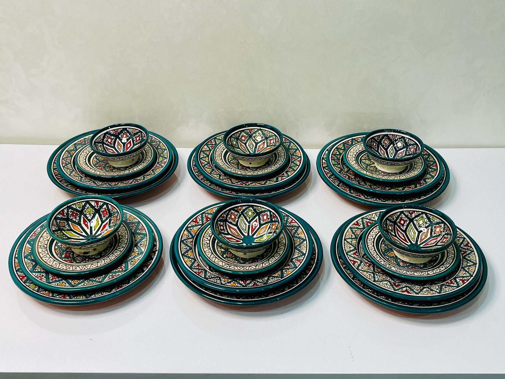 Authentic Moroccan Hand Painted Ceramic Dinnerware Set, Green Handmade Serving Set, Tableware Collection, Dinnerware Set