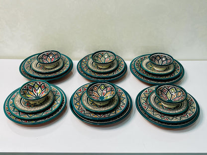 Authentic Moroccan Hand Painted Ceramic Dinnerware Set, Green Handmade Serving Set, Tableware Collection, Dinnerware Set