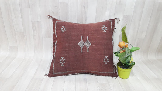 Bordeaux Cactus Silk Pillow Cover, Moroccan Boho Throw Pillow , Hand Woven Berber Pillow, Decorative Sabra Cactus Silk Cushion Cover