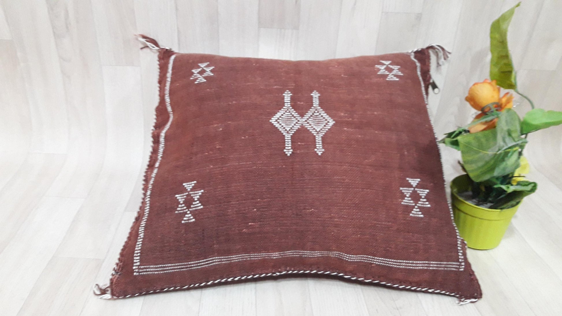 Bordeaux Cactus Silk Pillow Cover, Moroccan Boho Throw Pillow , Hand Woven Berber Pillow, Decorative Sabra Cactus Silk Cushion Cover
