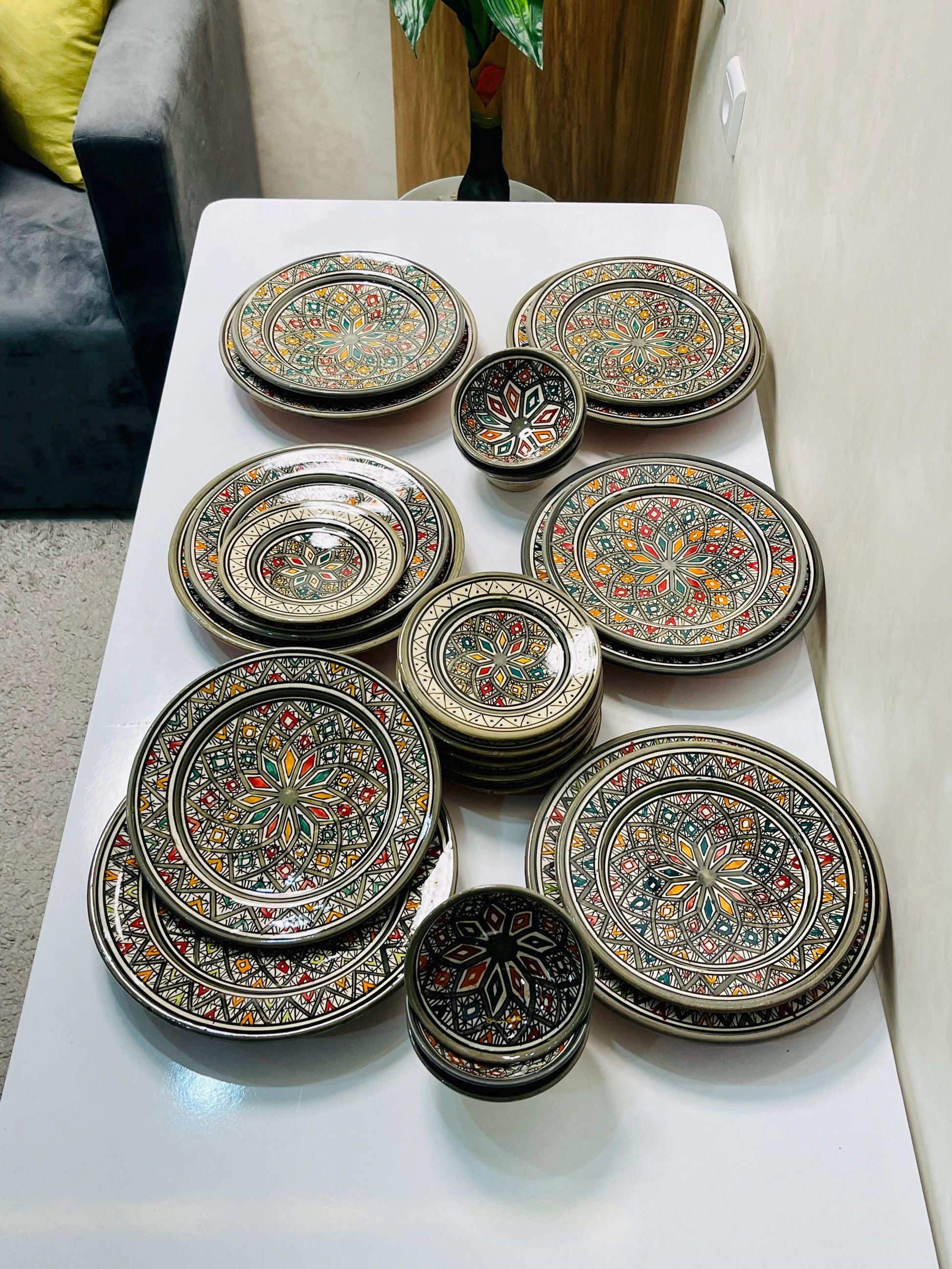 Authentic Moroccan Hand Painted Ceramic Dinnerware Set, Grey Handmade Serving Set, Tableware Collection, Dinnerware Set