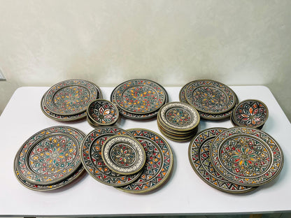 Authentic Moroccan Hand Painted Ceramic Dinnerware Set, Grey Handmade Serving Set, Tableware Collection, Dinnerware Set