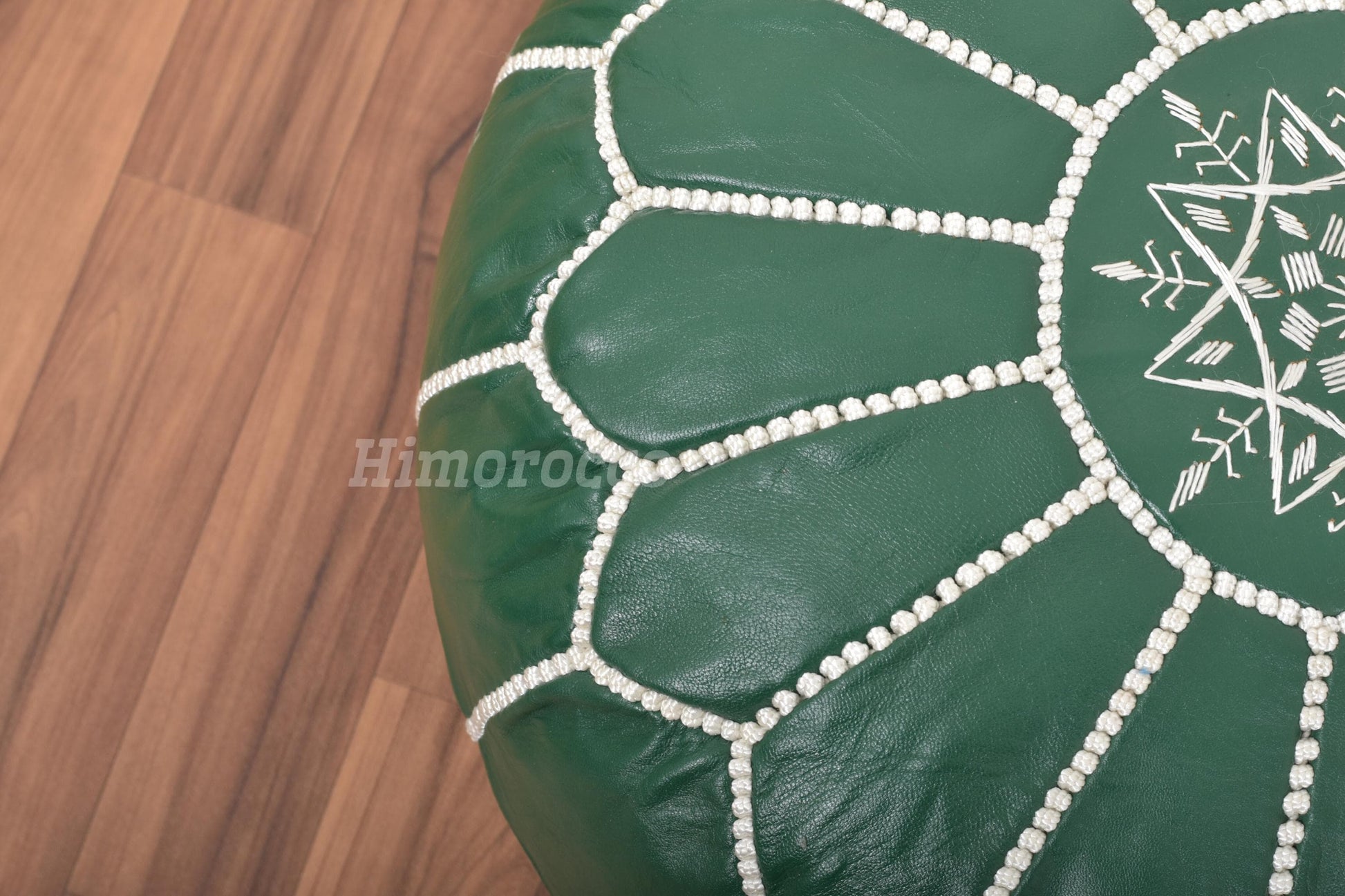 Green Leather Pouf with White Stitching , Green Moroccan Pouf, Luxury Ottomans Footstools, Leather Pouf, Handmade Poof