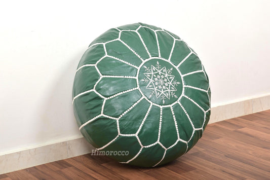Green Leather Pouf with White Stitching , Green Moroccan Pouf, Luxury Ottomans Footstools, Leather Pouf, Handmade Poof
