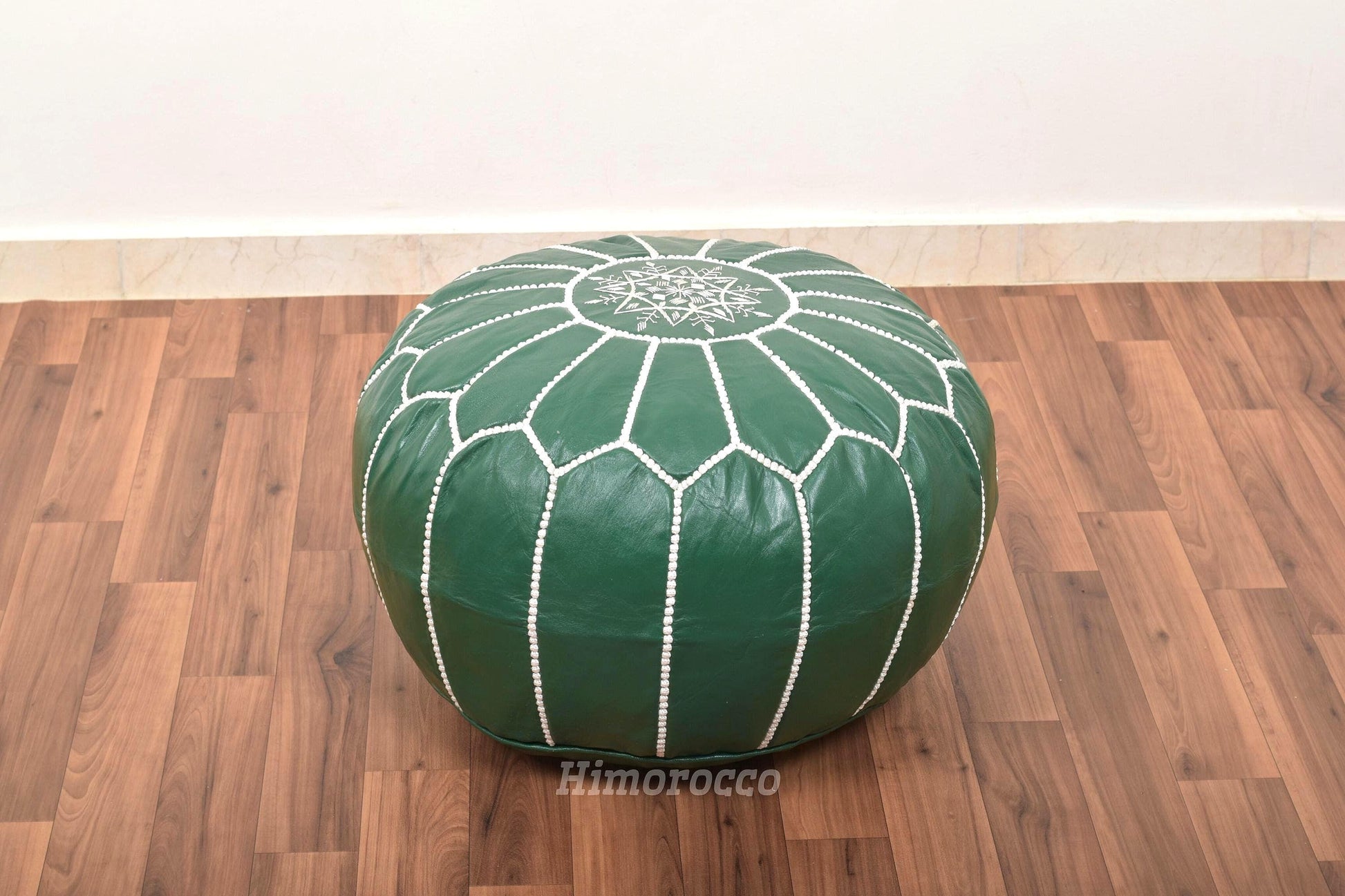 Green Leather Pouf with White Stitching , Green Moroccan Pouf, Luxury Ottomans Footstools, Leather Pouf, Handmade Poof