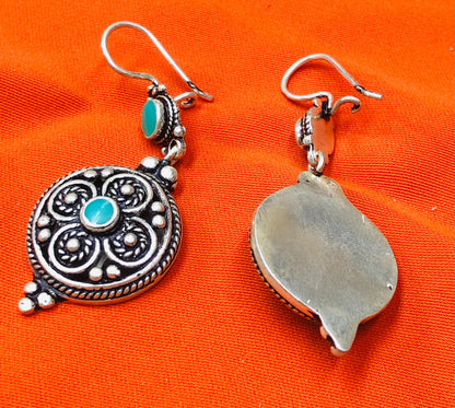 Handmade Berber Silver Earrings, Turquoise Stone, Authentic Traditional Design
